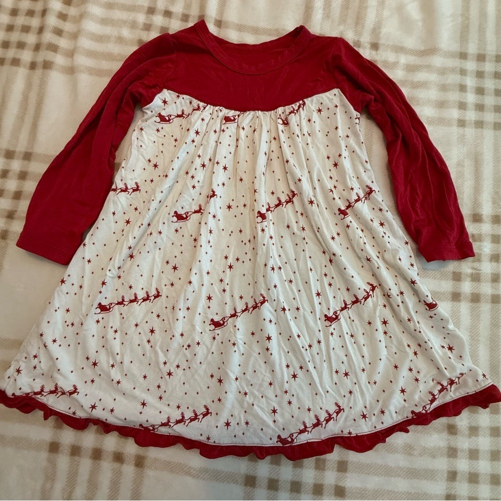 KicKee Pants Girls Red White Reindeer Santa Christmas Swing Dress 2T Bamboo